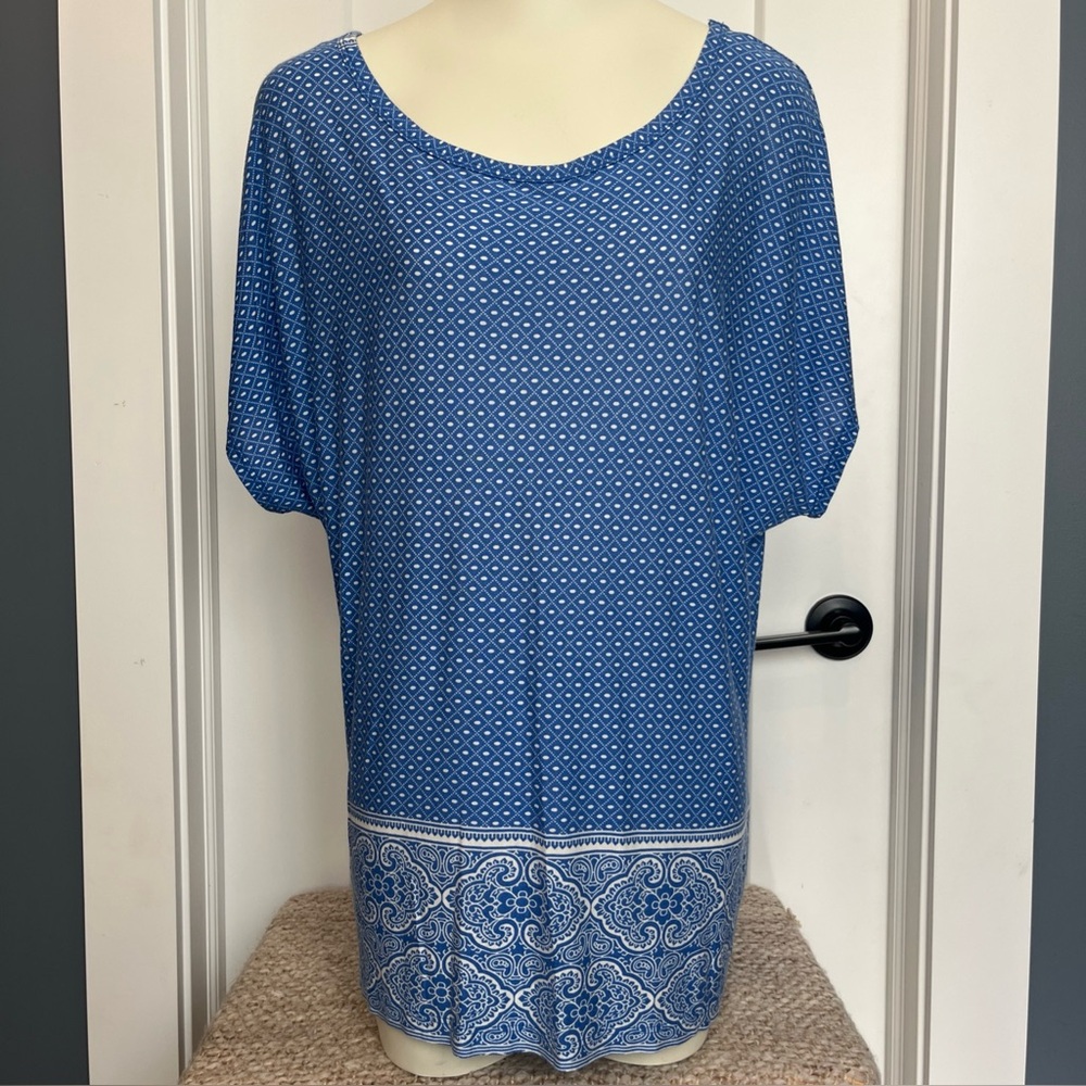 VINTAGE HAVANA Women White Blue Oversize Flowy Top Blouse Size Large Style 9571